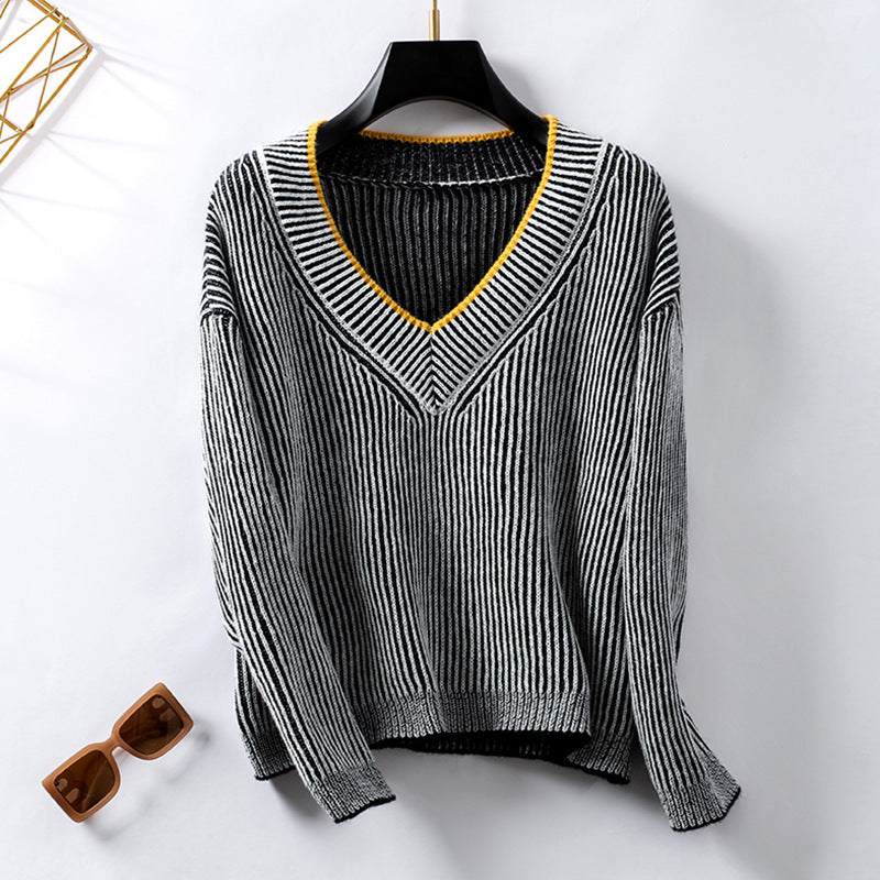 Damen Strickpullover mit V-Ausschnitt und gestreiftem Design Sovae
