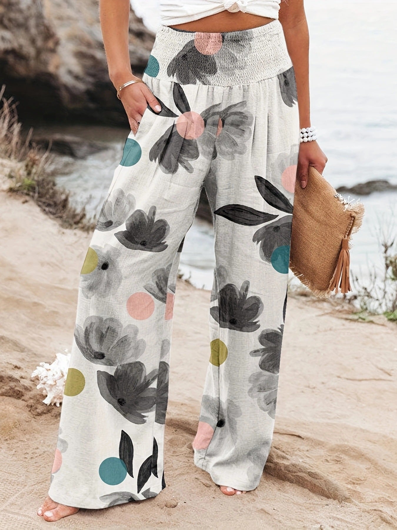 Damen Weit geschnittene Sommerhose mit floralem Print und elastischem Bund Sovae
