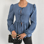 Damen Bluse mit geraffter Taille und ballonförmigen Ärmeln Sovae