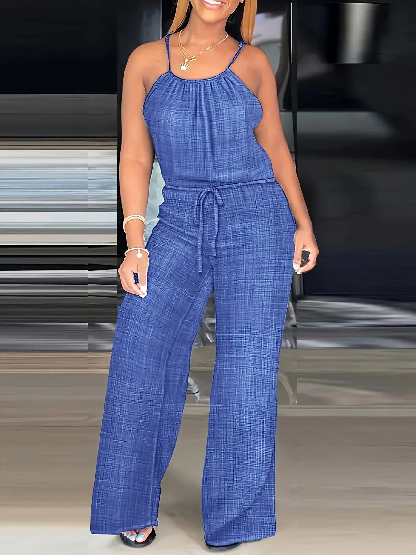 Damen Eleganter Jumpsuit mit weitem Bein und verstellbaren Trägern Sovae