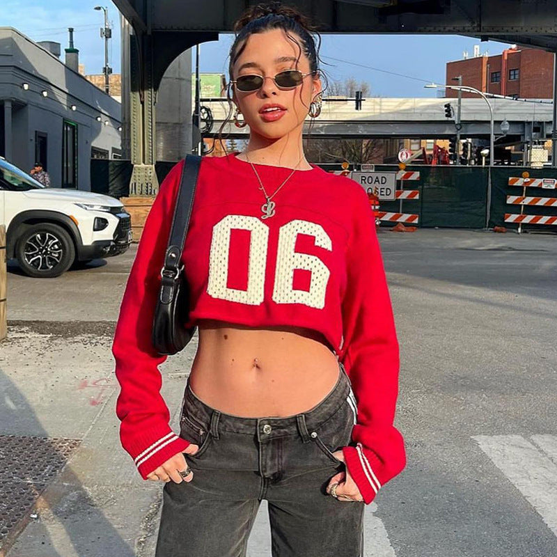 Damen modisches Crop-Pullover im sportlichen Look mit auffälligem Druck Sovae