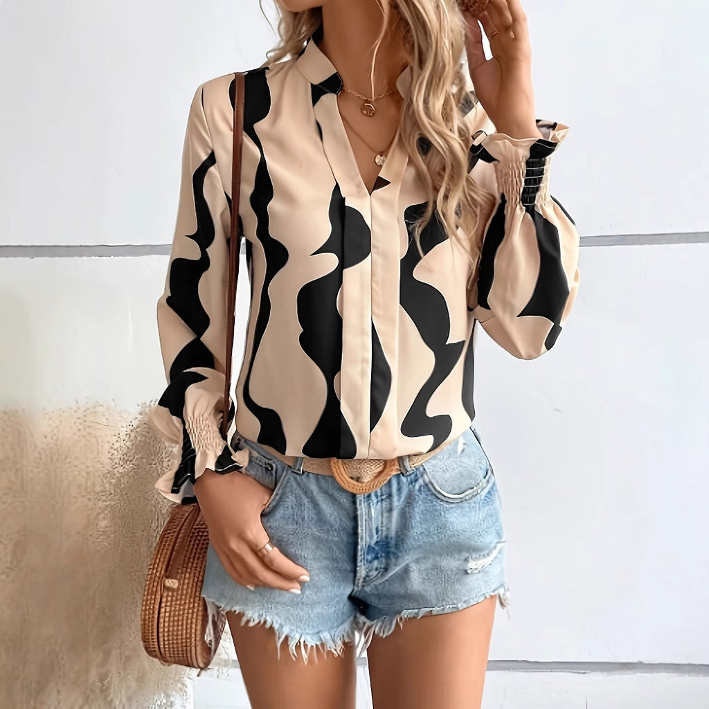 Damen Bluse mit modernem Wellenmuster und elastischen Ärmelabschlüssen Sovae