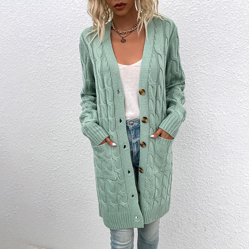 Damen Strickjacke mit tiefem V-Ausschnitt und elegantem Zopfmuster Sovae