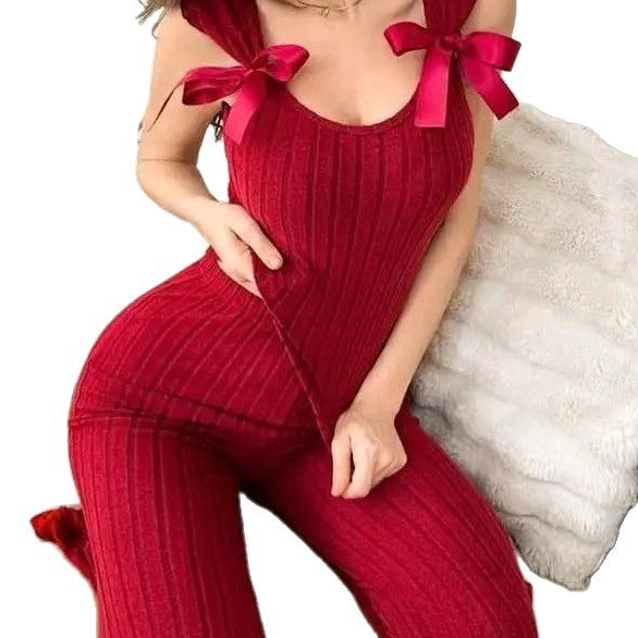 Damen Rippstrick Jumpsuit mit Schleifen Sovae