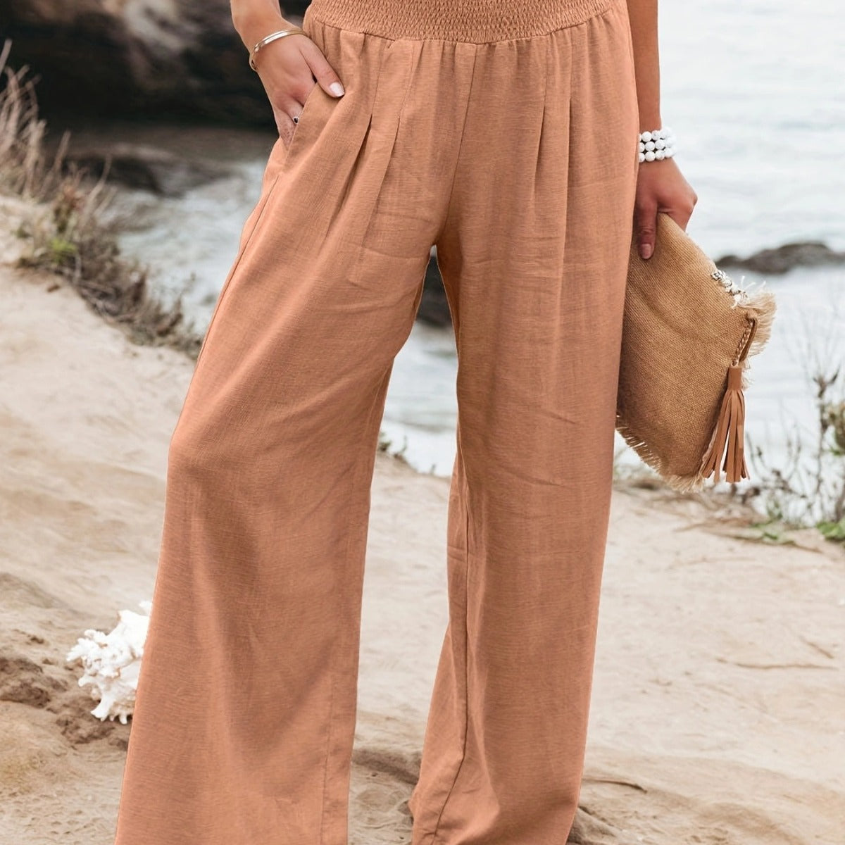 Damen Weite Leinenhose mit Elastikbund Sovae