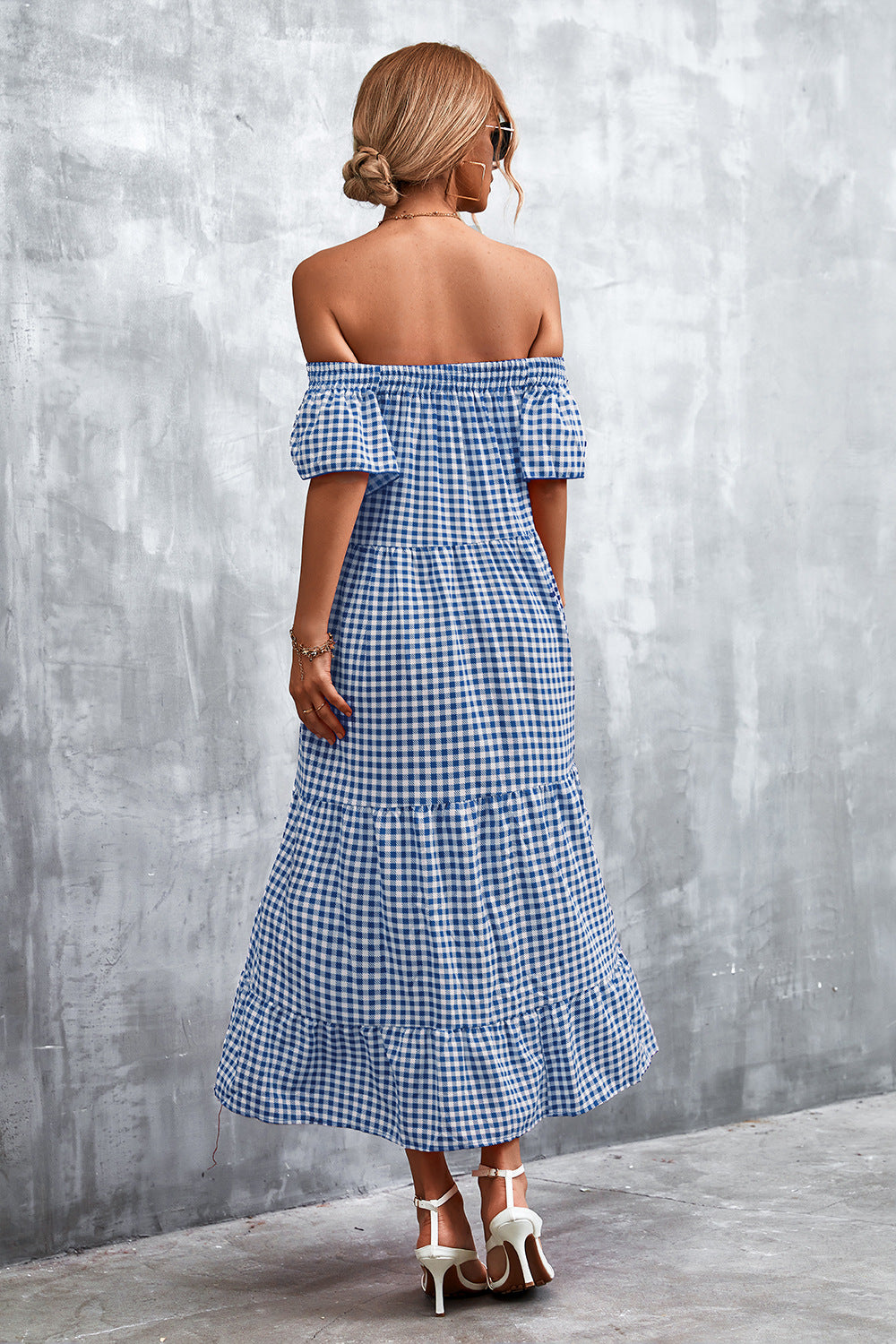 Damen Fließendes Maxikleid mit off-shoulder Design und Rüschensaum Sovae