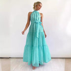 Damen Maxikleid mit kariertem Chiffon und Taillengürtel Sovae