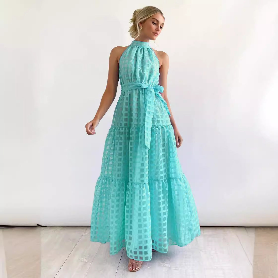 Damen Maxikleid mit kariertem Chiffon und Taillengürtel Sovae