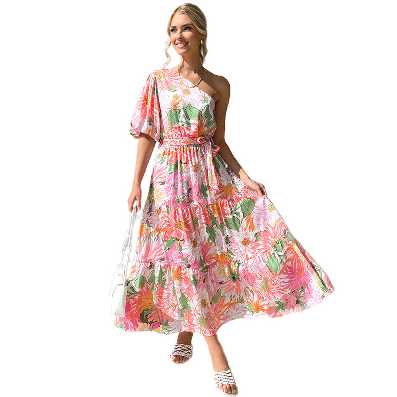 Damen Maxikleid mit asymmetrischem Design und floralen Motiven Sovae
