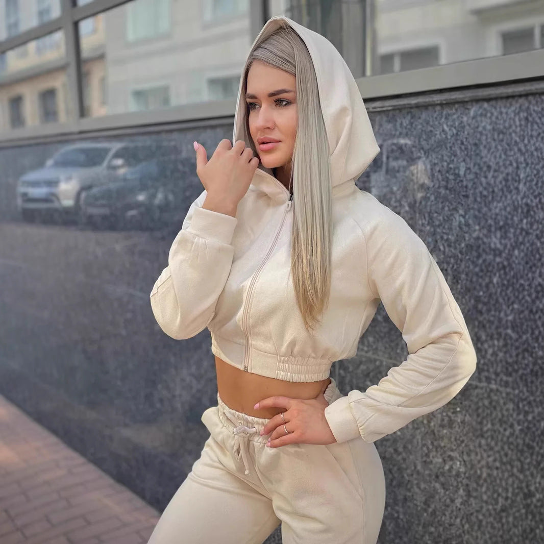 Damen Sportliches Fleece-Cropped-Set mit Kapuze und elastischem Bund Sovae