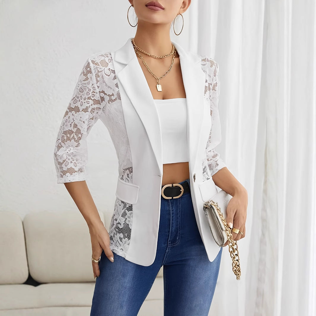 Damen Eleganter Spitzenblazer mit transparenten Ärmeln Sovae