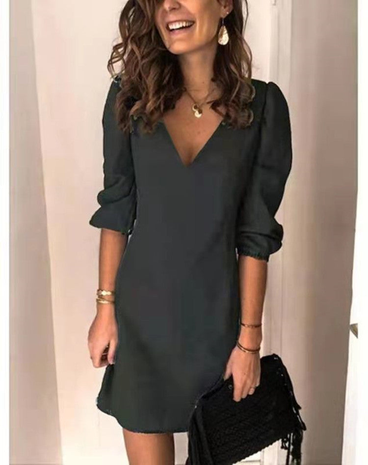 Damen Minikleid mit V-Ausschnitt und Puffärmeln Sovae