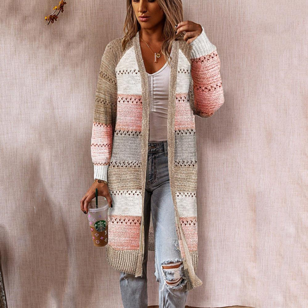Damen Strickjacke im Retro-Patchwork-Stil mit langen Ärmeln und offenen Front Sovae