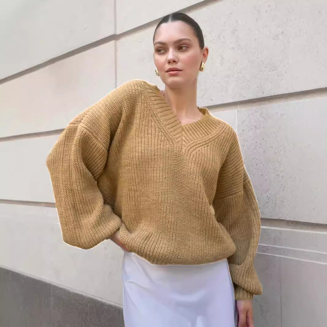 Damen lässiger Pullover mit V-Ausschnitt und voluminösen Ärmeln Sovae
