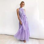 Damen Maxikleid mit kariertem Chiffon und Taillengürtel Sovae