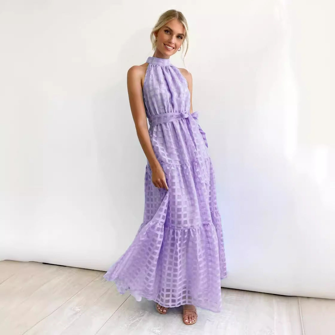 Damen Maxikleid mit kariertem Chiffon und Taillengürtel Sovae