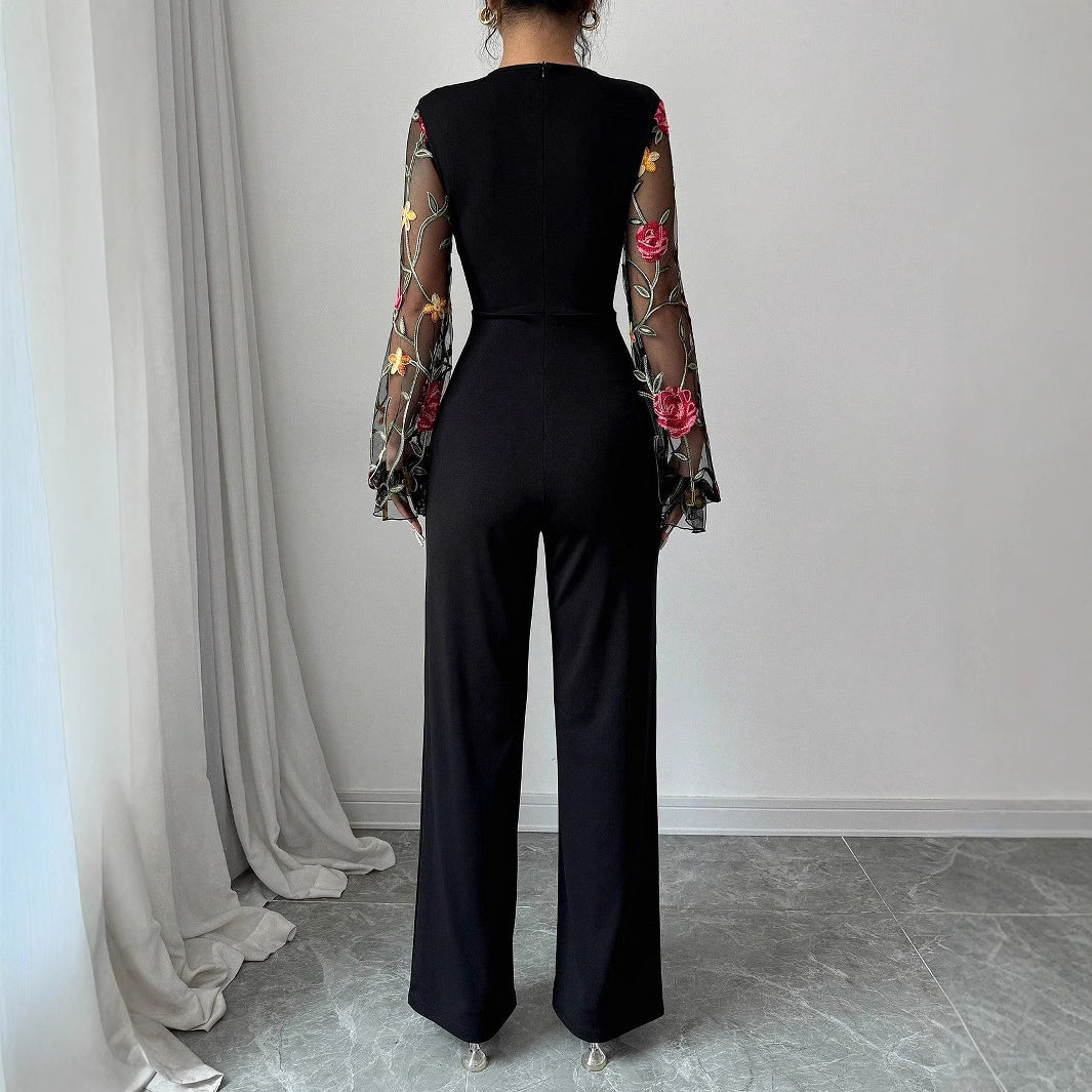 Damen Eleganter Jumpsuit mit bestickten transparenten Ärmeln Sovae