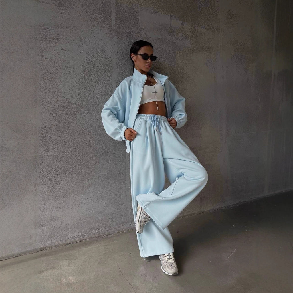 Damen Oversized lässiger Sportanzug mit Reißverschluss und elastischer Taille Sovae