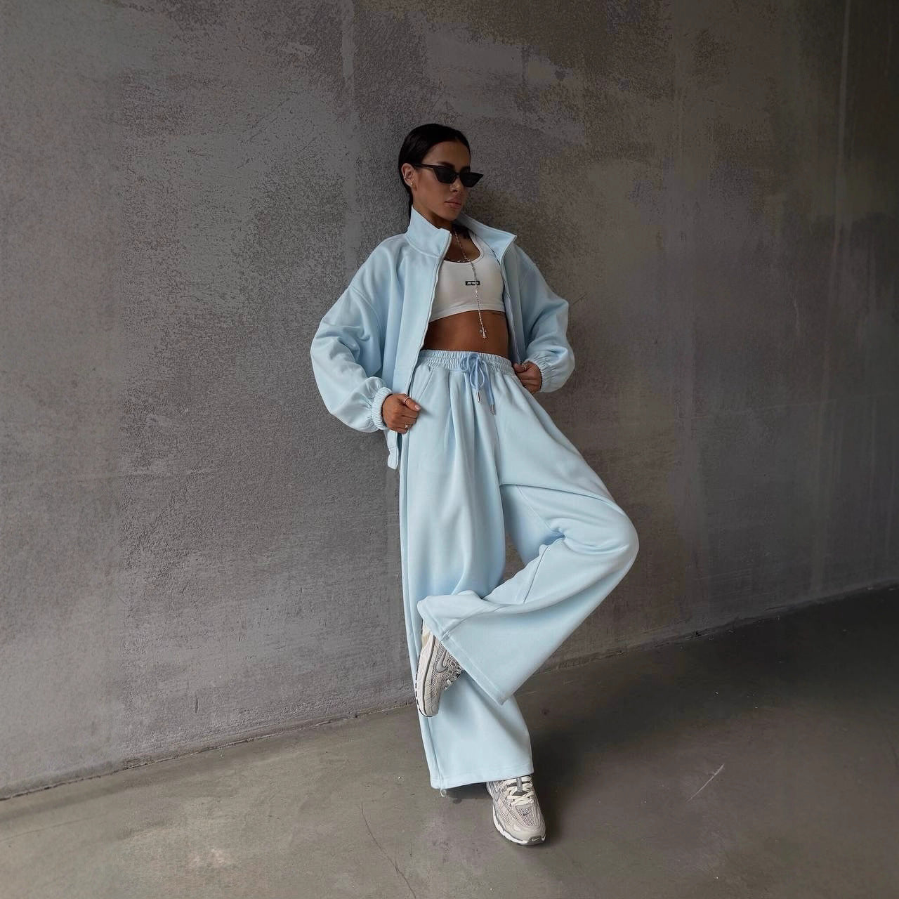 Damen Oversized lässiger Sportanzug mit Reißverschluss und elastischer Taille Sovae