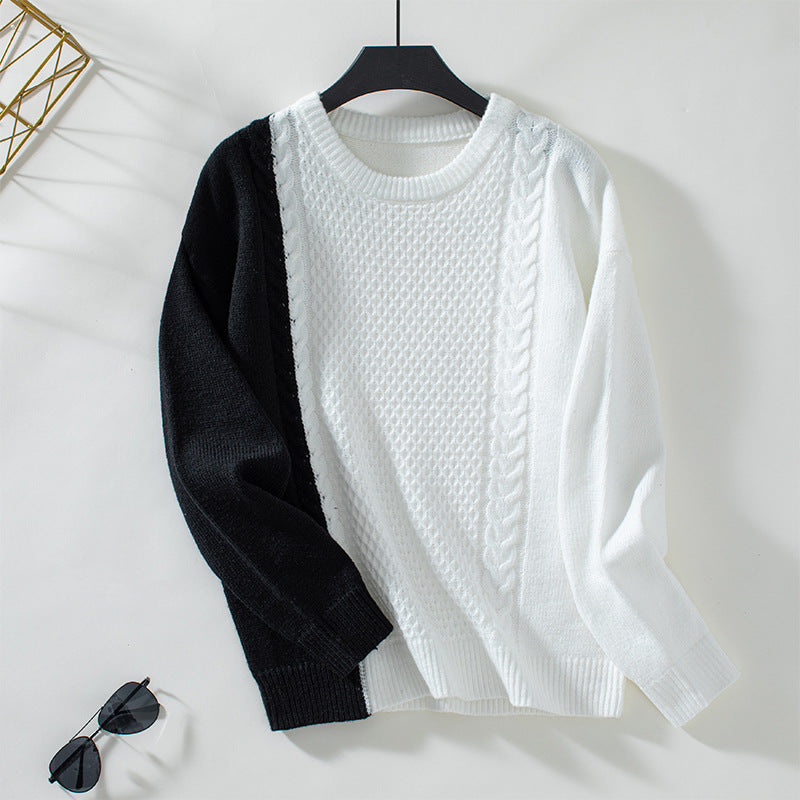 Damen modischer Pullover mit strukturiertem Zopfmuster und innovativem Farbblockdesign Sovae