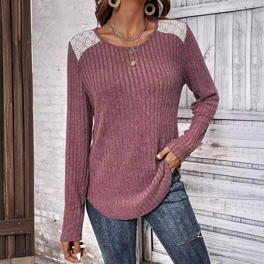 Damen lässiger Strickpullover mit romantischen Spitzendetails Sovae