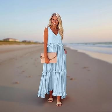 Damen Maxikleid mit Rüschen und V-Ausschnitt Sovae