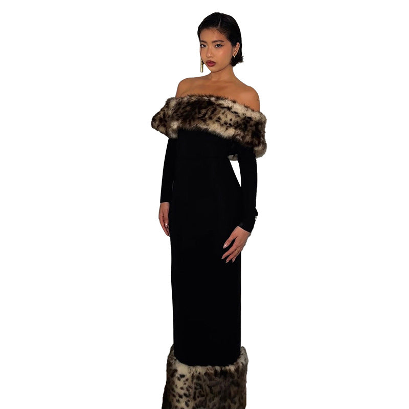Damen Figurbetontes Maxikleid mit abnehmbaren Pelzbesätzen Sovae