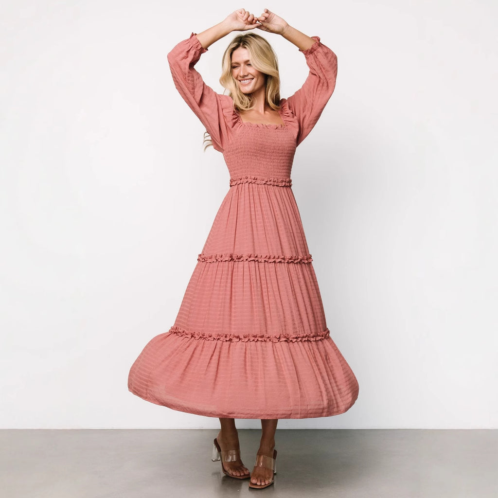 Damen Maxikleid mit gerafftem Oberteil und Rüschendetails Sovae