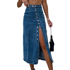 Damen Jeansrock mit seitlichem Schlitz und Knopfleiste Sovae