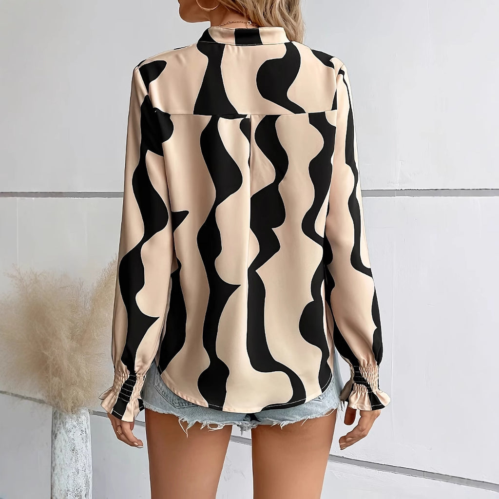 Damen Bluse mit modernem Wellenmuster und elastischen Ärmelabschlüssen Sovae