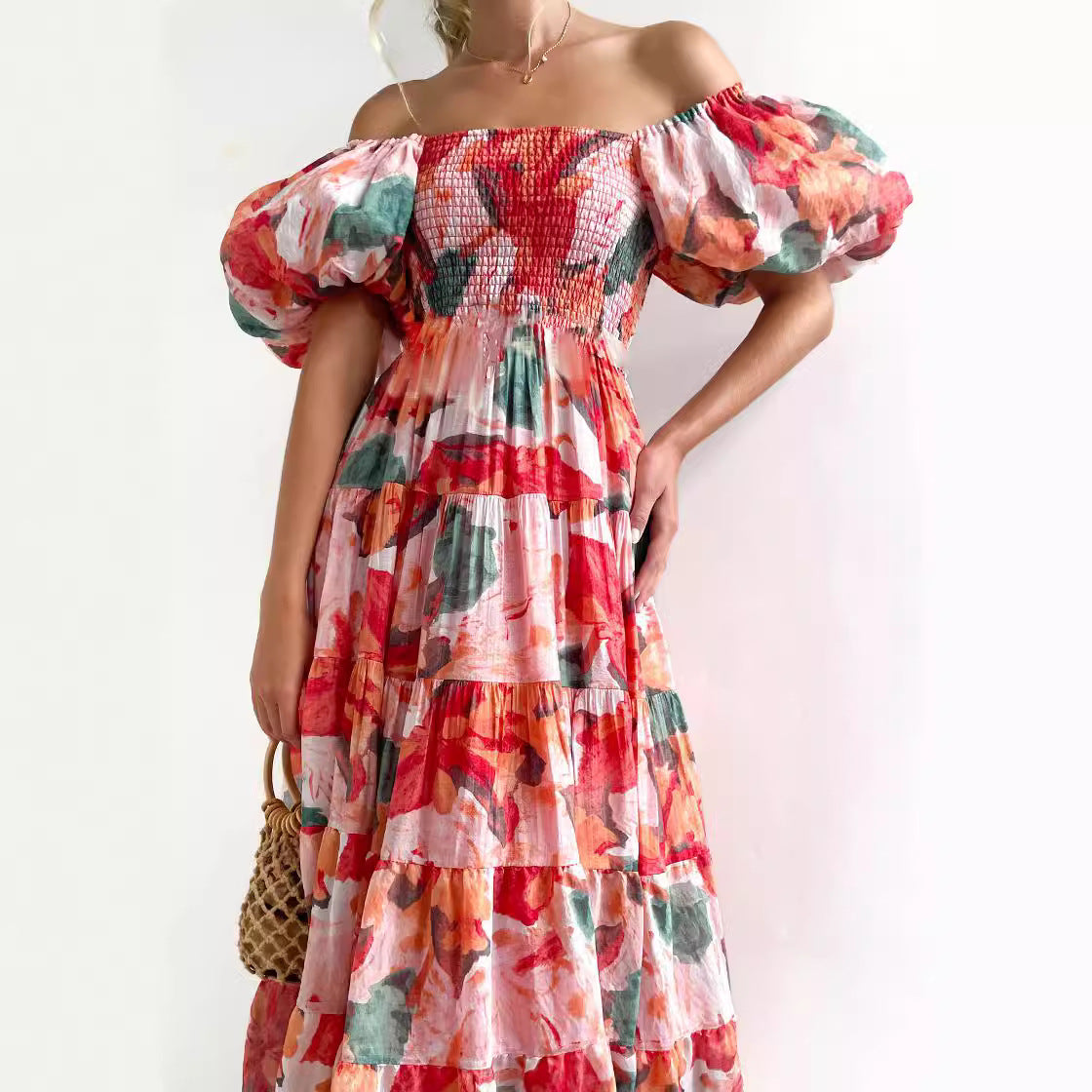 Damen Offshoulder Maxikleid mit voluminösen Ärmeln Sovae