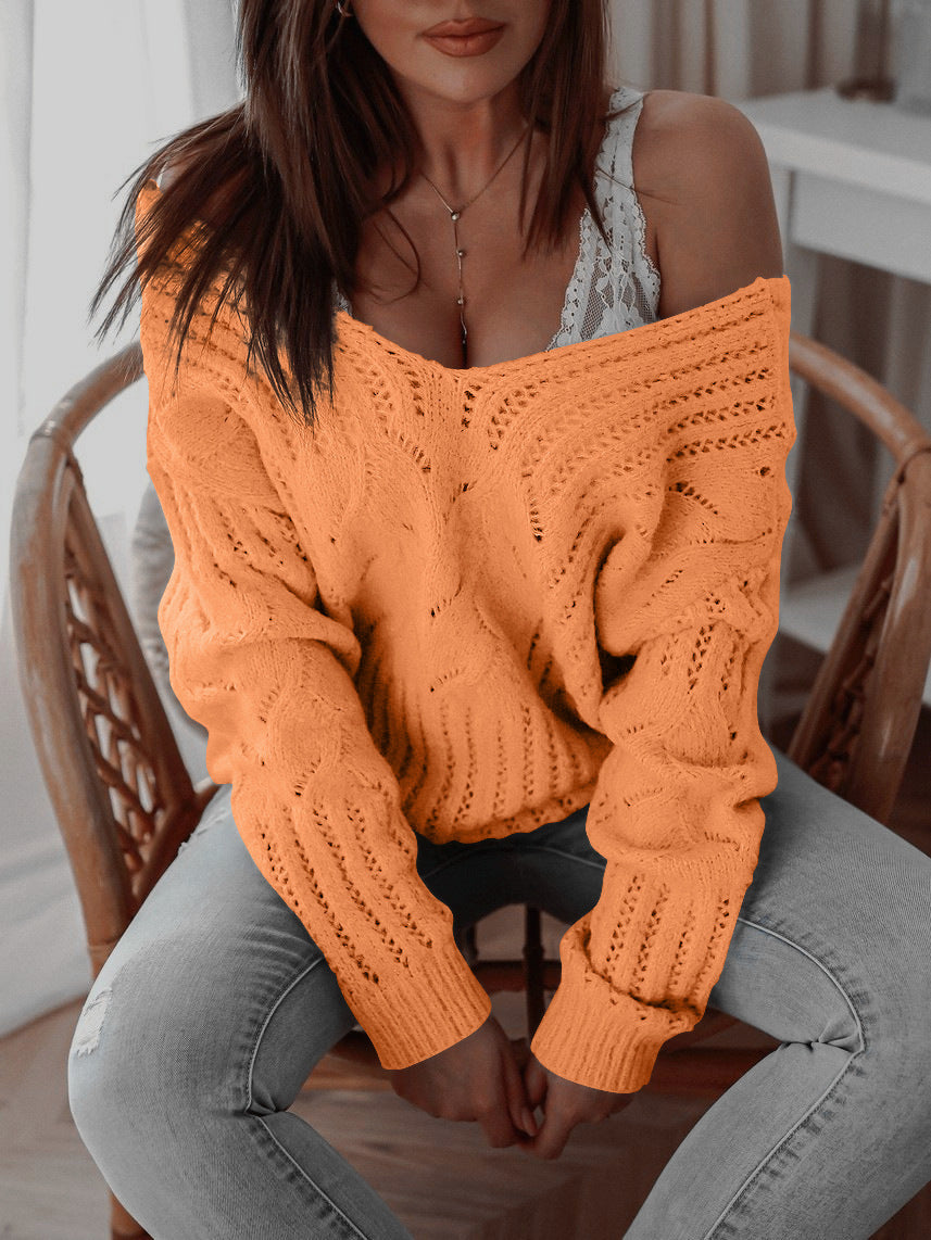 Damen Strickpullover mit offener Schulter und filigranem Lochmuster Sovae
