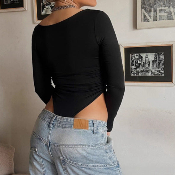 Damen Eleganter langärmeliger Bodysuit mit gerafften Seitenteilen und tiefem Ausschnitt Sovae