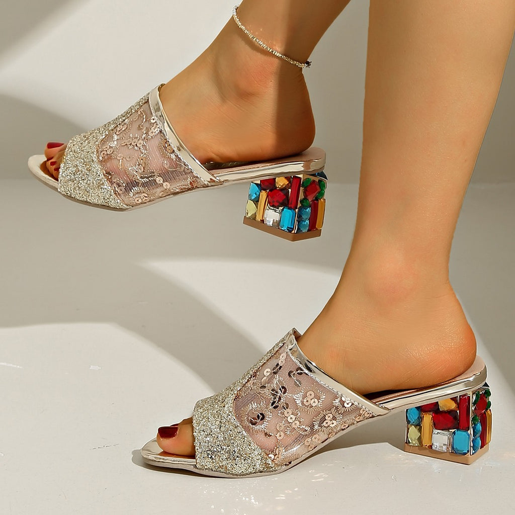 Damen Pantoletten mit glitzerndem Blockabsatz und floralem Design Sovae