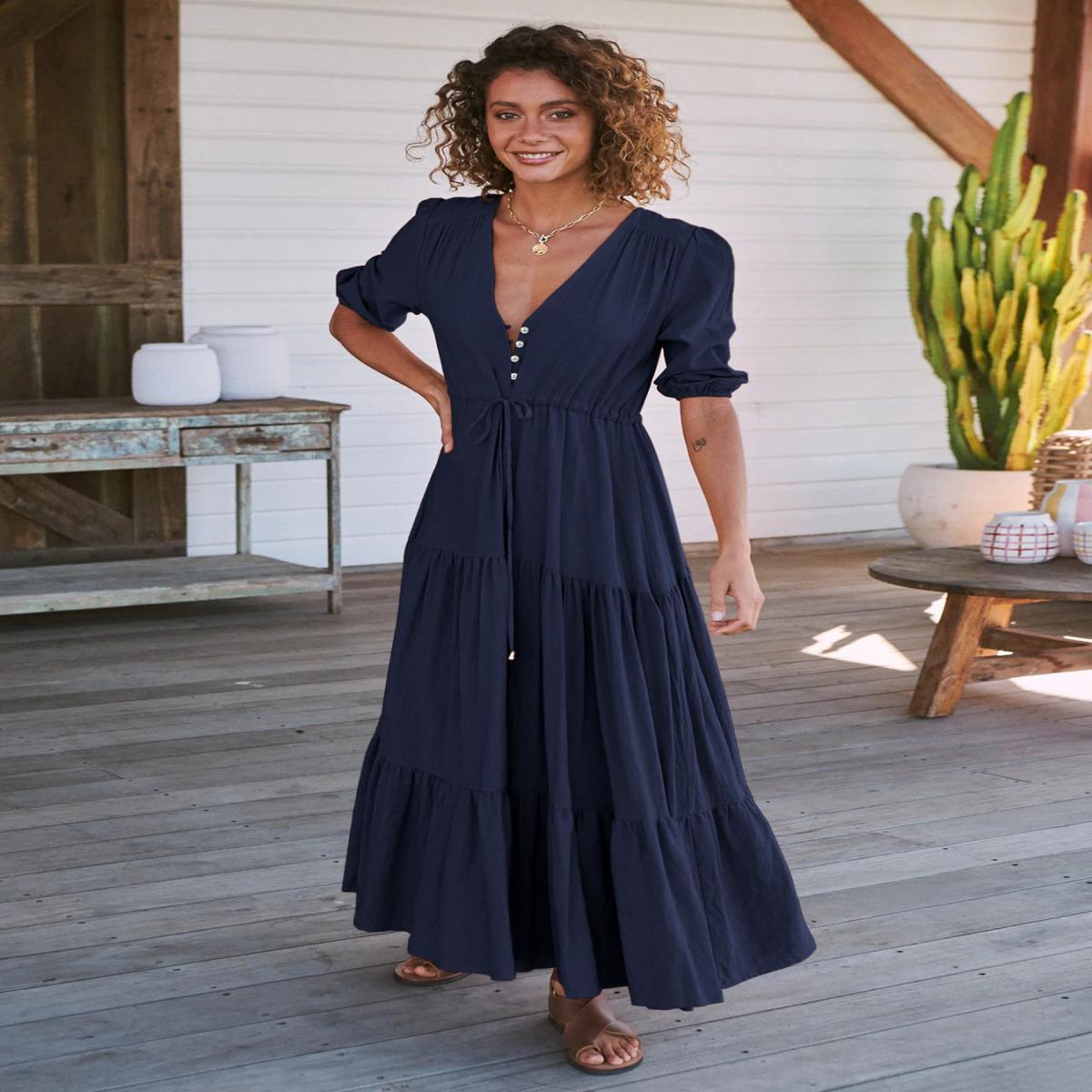 Damen Maxikleid mit zarten Puffärmeln und Taillenzug Sovae