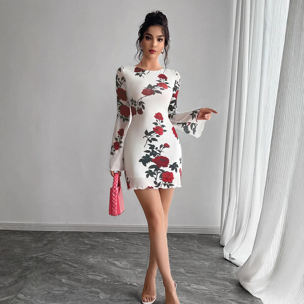 Damen Floral Minikleid mit langen Ärmeln Sovae