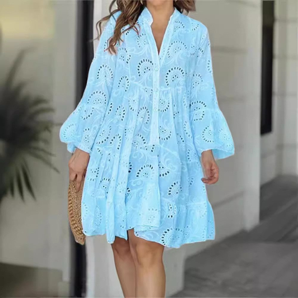 Damen luftiges Tunika-Kleid mit dekorativem Lochmuster Sovae