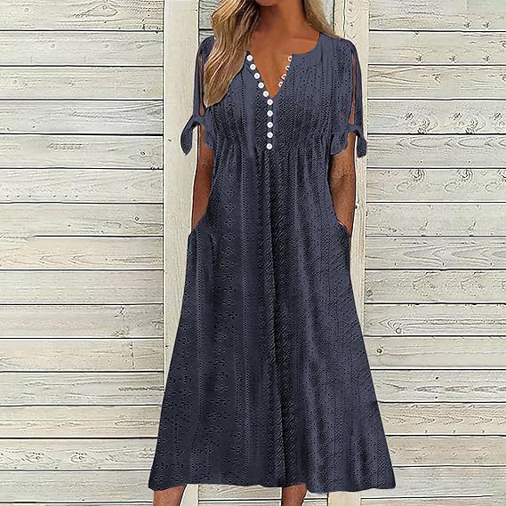Damen Midi Kleid mit luftigen Einsätzen und dekorativen Details Sovae