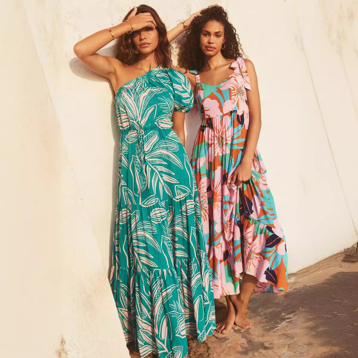 Damen Maxikleid mit asymmetrischem Träger und mehrlagigem Volant Sovae