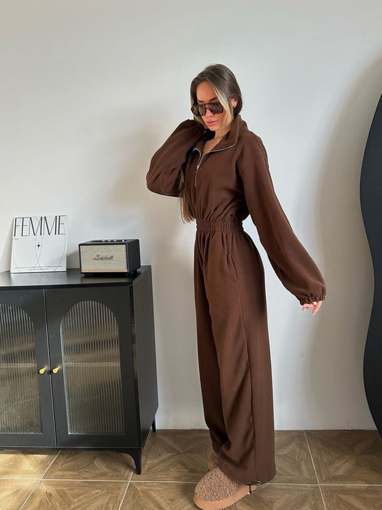 Damen Fleece-Loungeanzug mit hohem Kragen und elastischer Taille Sovae