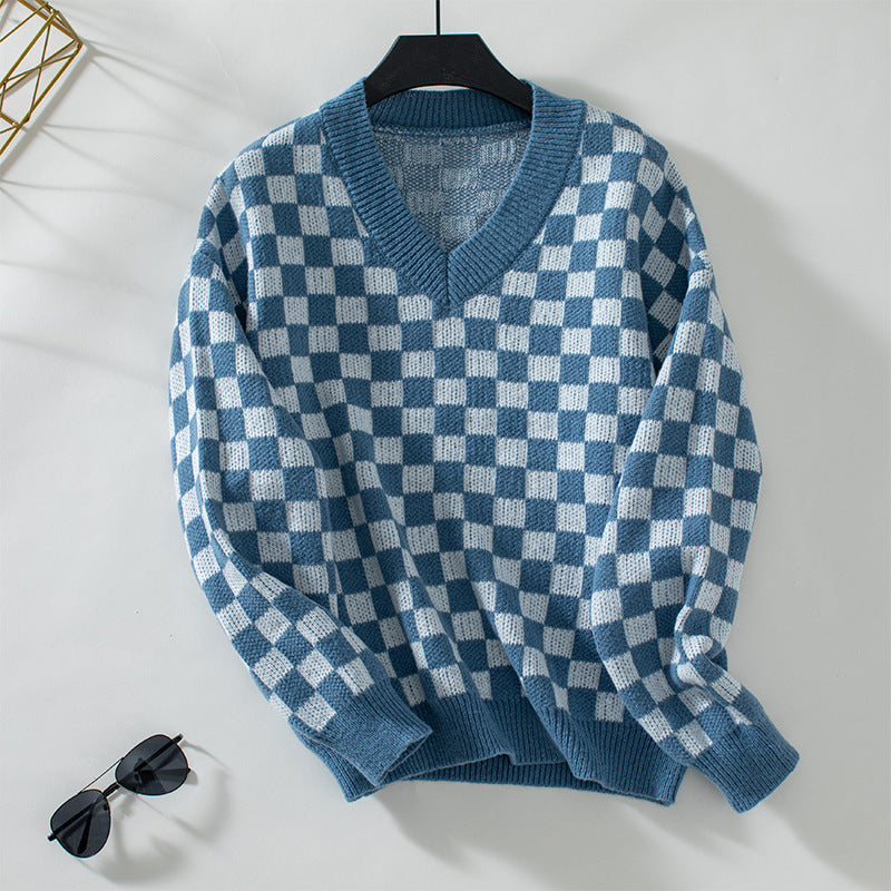 Damen lässiger V-Ausschnitt Pullover mit Karo-Muster und lockerer Passform Sovae