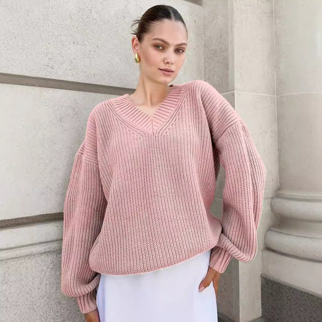 Damen lässiger Pullover mit V-Ausschnitt und voluminösen Ärmeln Sovae