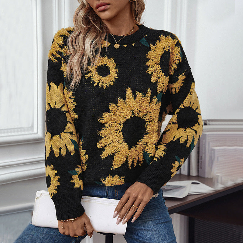 Damen kuscheliger Pullover mit Sonnenblumenmotiv Sovae
