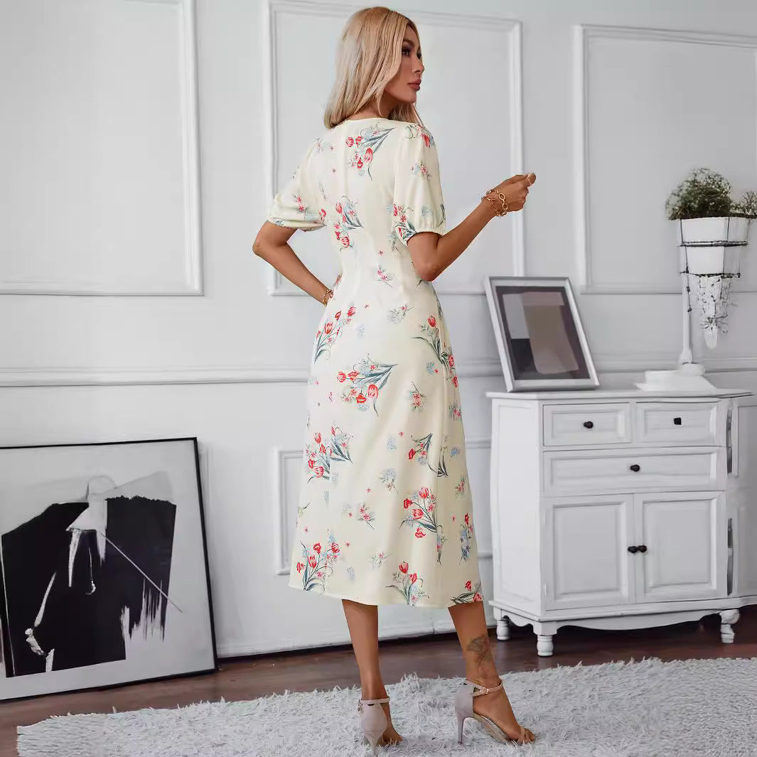 Damen Midi-Kleid mit floralen Motiven und Knopfleiste Sovae