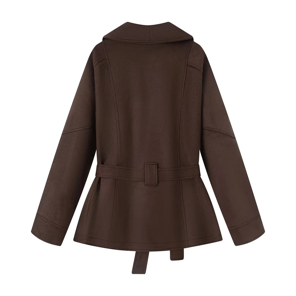 Damen modische Kunstlederjacke mit breitem Revers und taillierbarem Gürtel Sovae