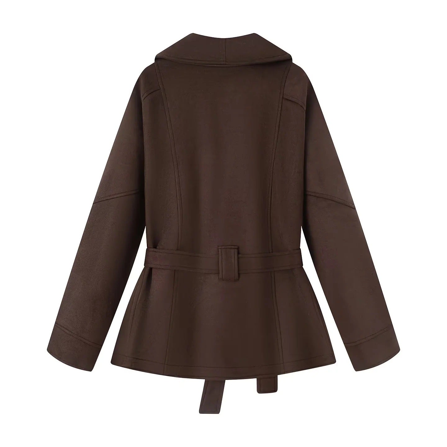 Damen modische Kunstlederjacke mit breitem Revers und taillierbarem Gürtel Sovae