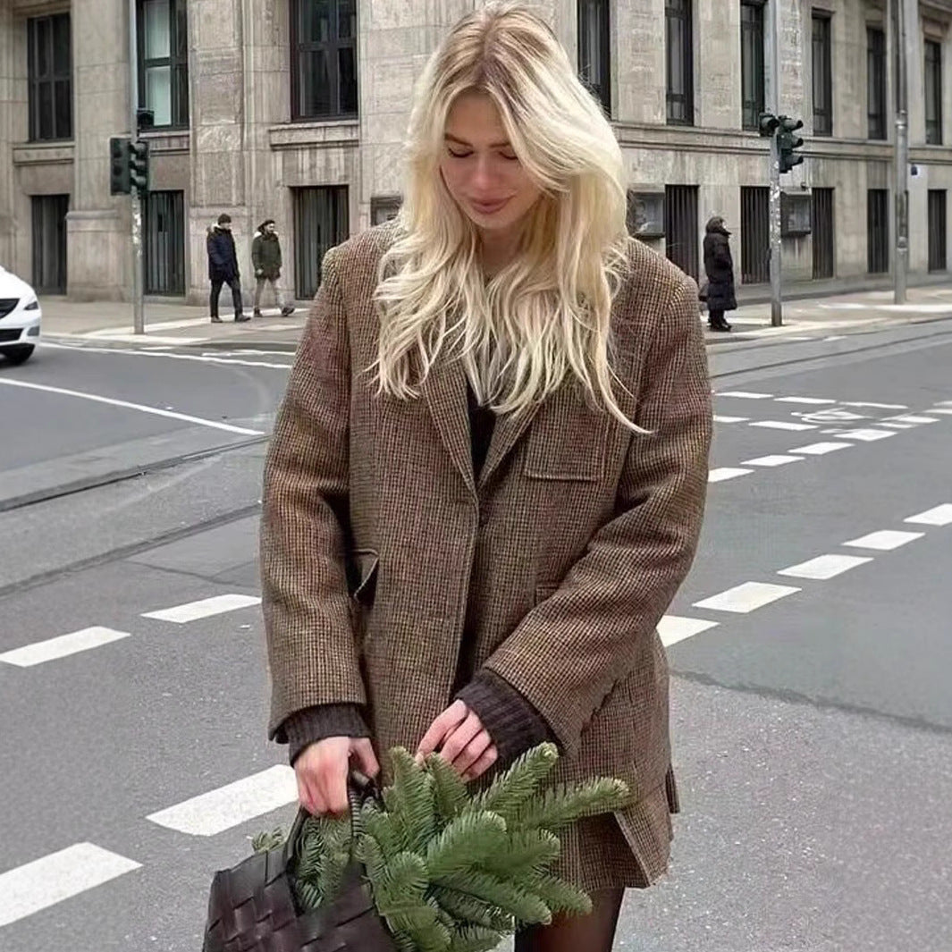 Damen modische Karoblazerjacke mit tailliertem Schnitt und großen Pattentaschen Sovae