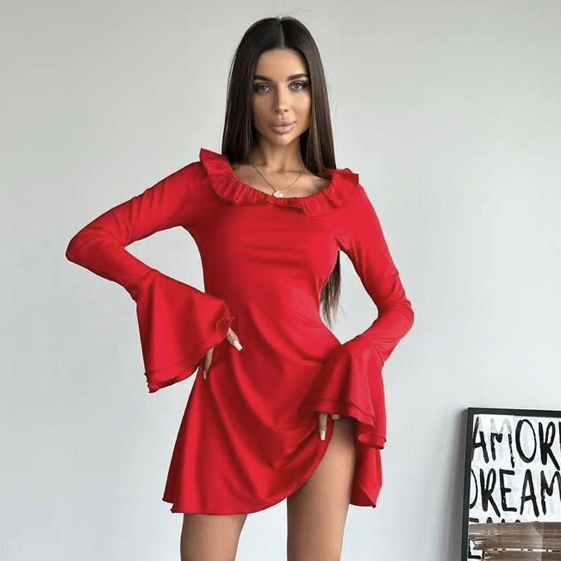 Damen Elegantes Minikleid mit Rüschensaum und langen Ärmeln Sovae