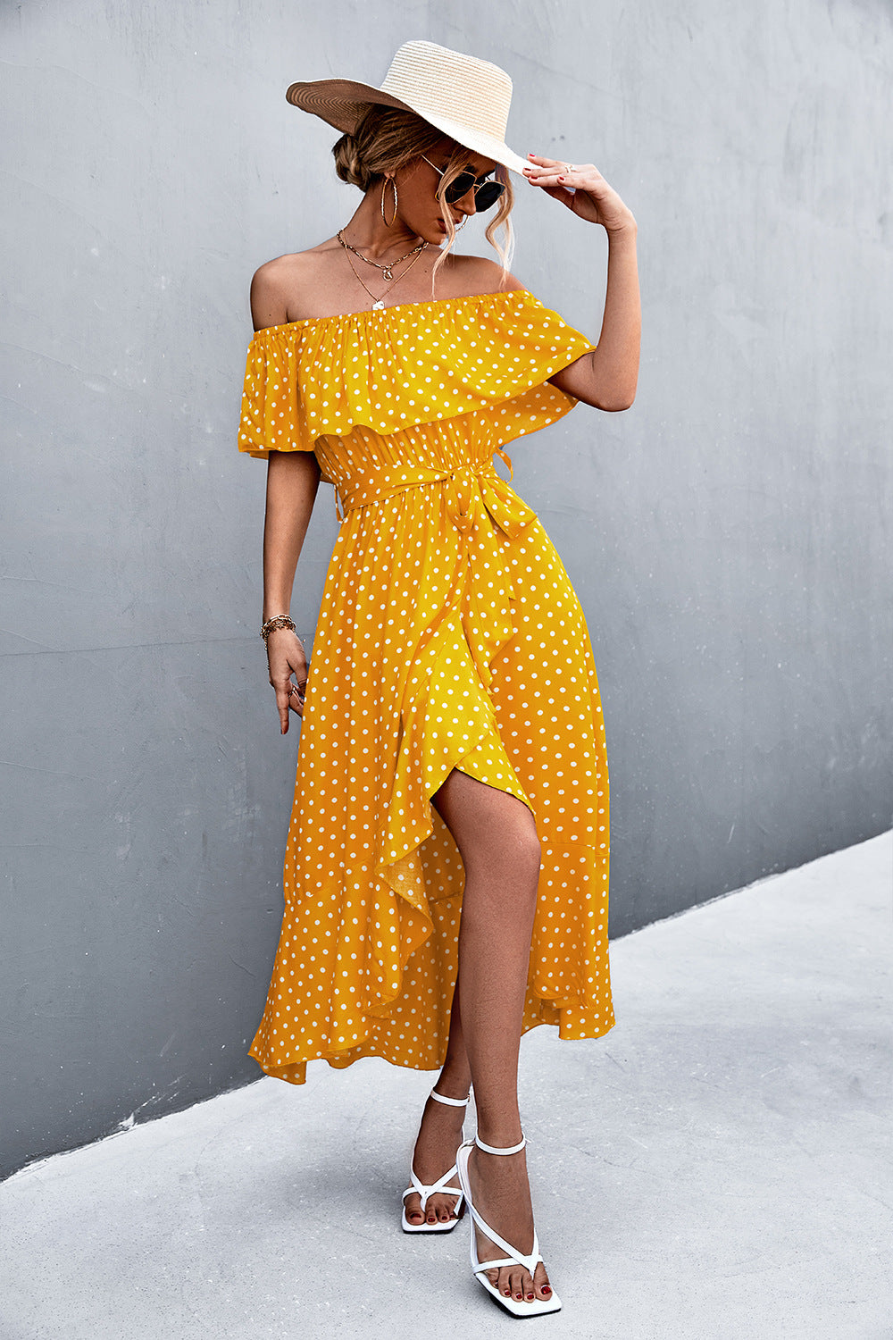 Damen Off-Shoulder Maxikleid mit Rüschendetails und seitlichem Schlitz Sovae