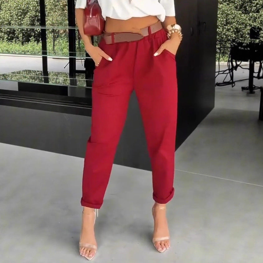Damen elegante Baumwollhose mit hoher Taille und lässigen Falten Sovae